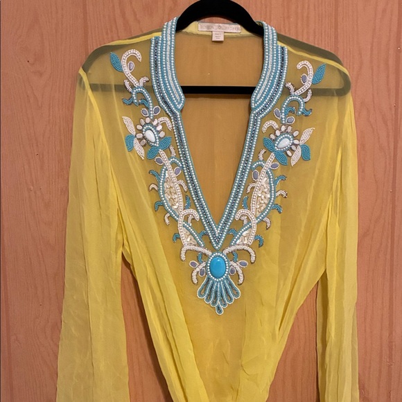 Boston Proper Tops - Boston Proper Yellow Tunic with Blue Embroidery